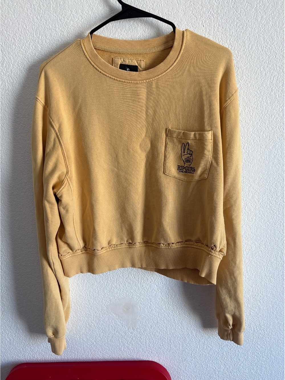 Rip Curl The Search Yellow Crop Sweatshirt with Pocket, Size Large, Distressed